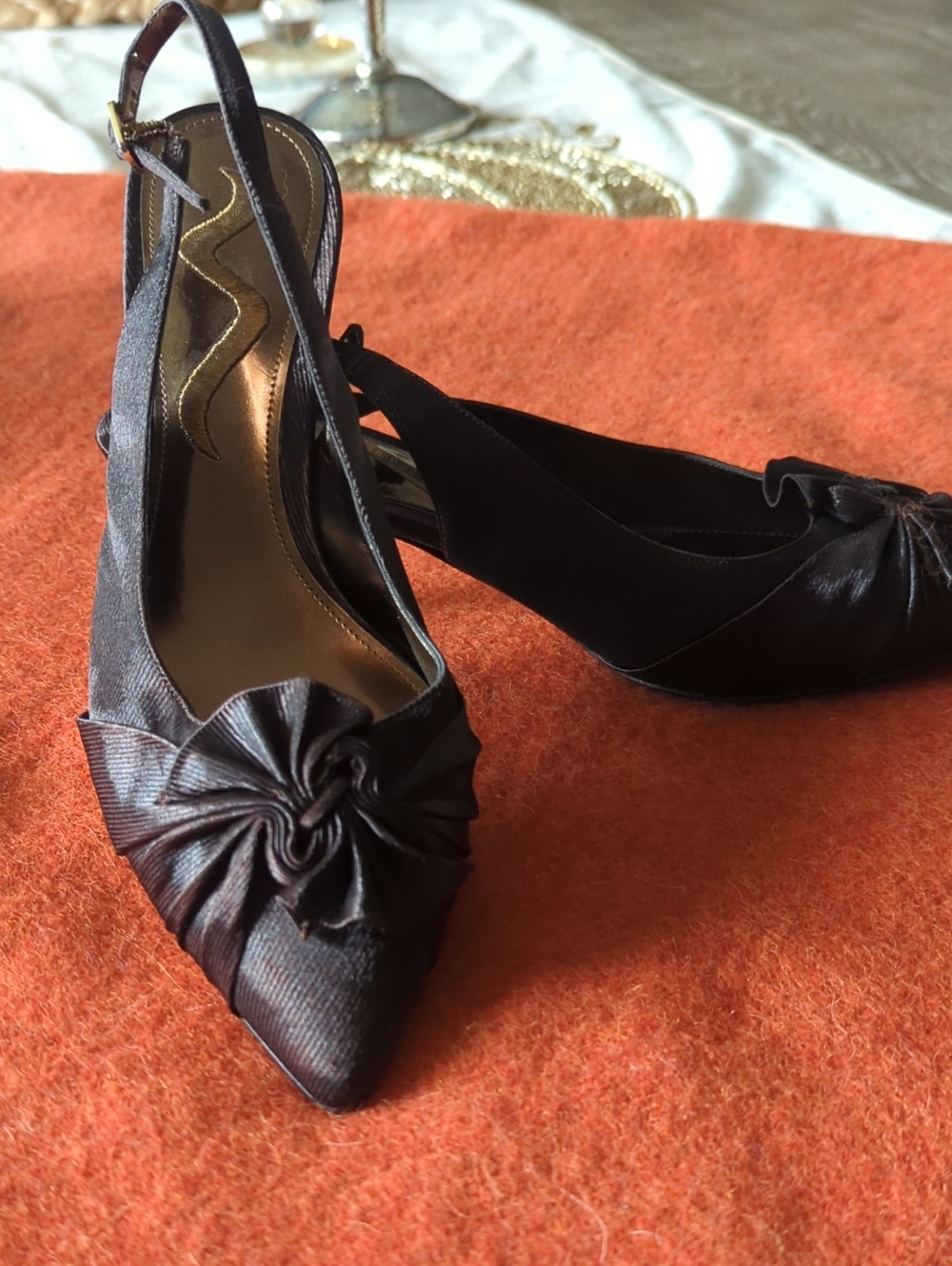 Nina Chocolate Brown Satin Slingback Heels with Rosette Accent